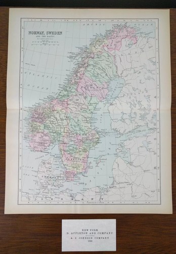 Vintage 1896 NORWAY SWEDEN Map Old Antique Original GALLERY WALL ART MAPZ