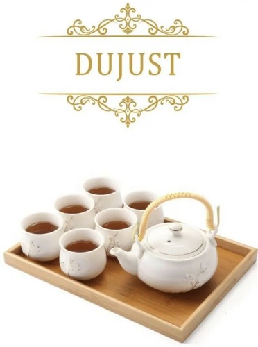 White Porcelain With 1 Teapot 6 Tea Cups 1 Wooden Tray