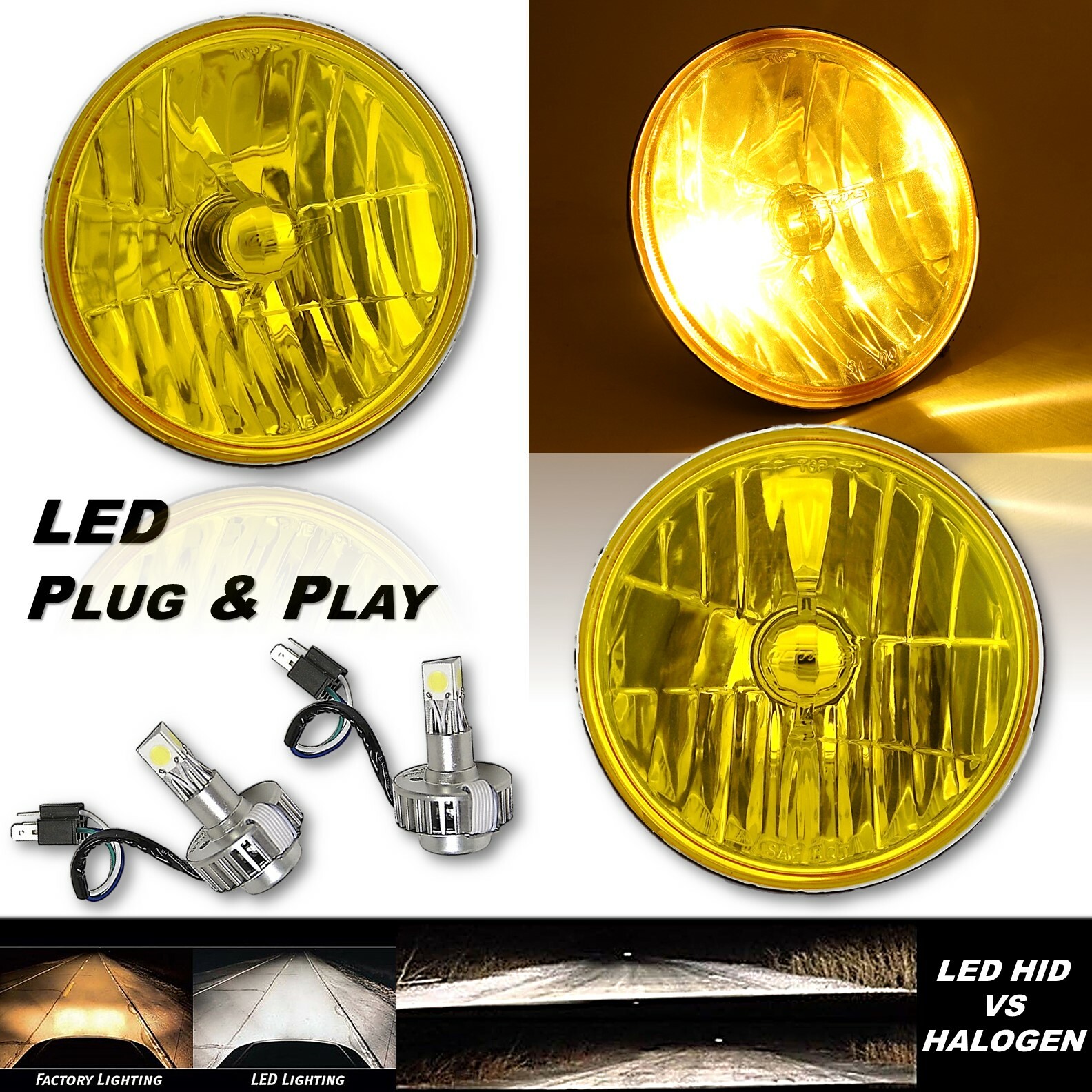 5-3//4 AMBER GLASS SEALED HIGH BEAM HEADLIGHT set FOG LIGHT HEADLAMP BULBS PAIR