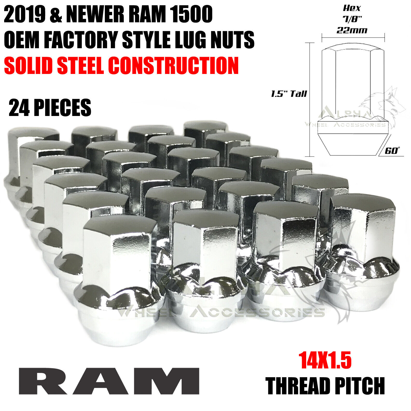 24 Chrome OEM Factory Style Lug Nuts 14x1.5 For 2019 Ram