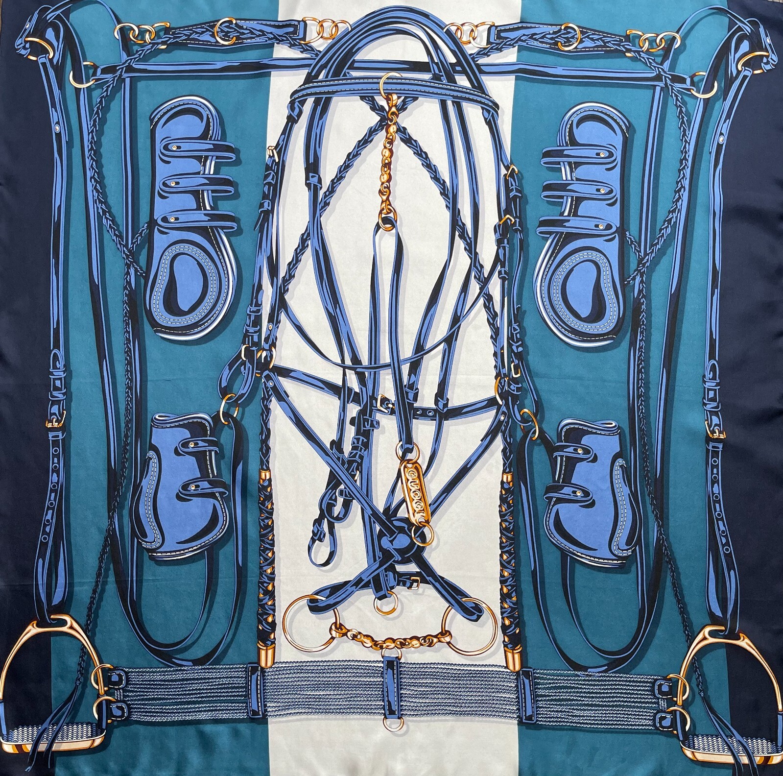 Pre-owned Gucci Silk Wrap Equestrian Horsebit Blue White Unisex Scarf With  Gift Box In Multicolor