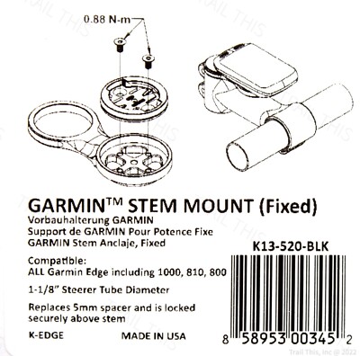 K-Edge Fixed Stem Mount  Black for MTB Bike fits Garmin Edge 200/510/520/810/820