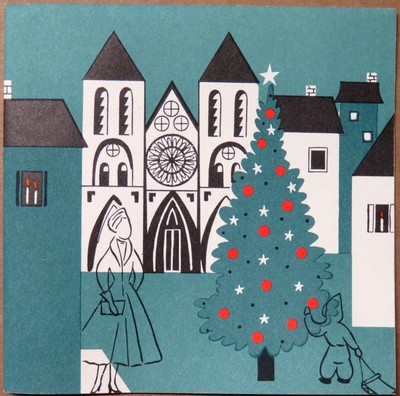 Vintage Christmas Card UNUSED MCM Village Square Houses Tree Lady Dress Boy Sled