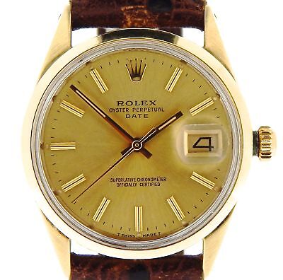 Rolex Date 1550 Mens 14K Gold Shell Watch Brown Leather Band Champagne Dial 34mm