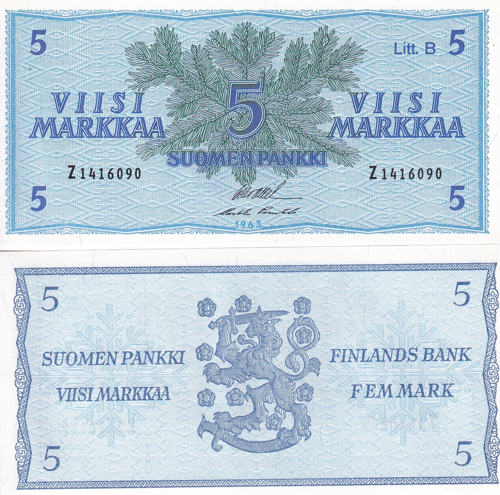 Finland 5 Markka 1963 P 106A Litt. B UNC