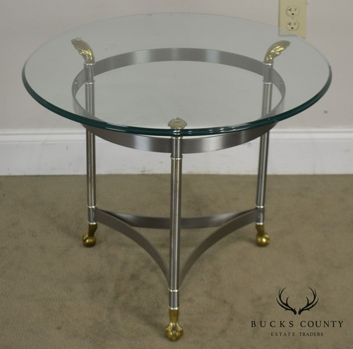 Directoire Style Brushed Steel & Brass Round Glass Top Side Table