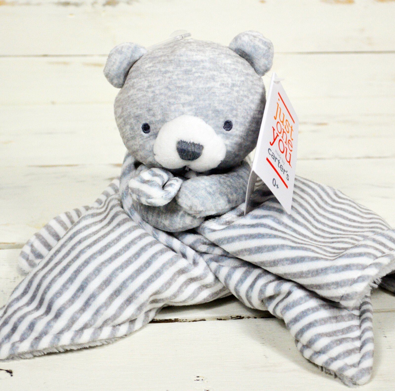 ?? Carters Baby Security Blanket Gray Bear White Stripe Baby Shower Gift ??