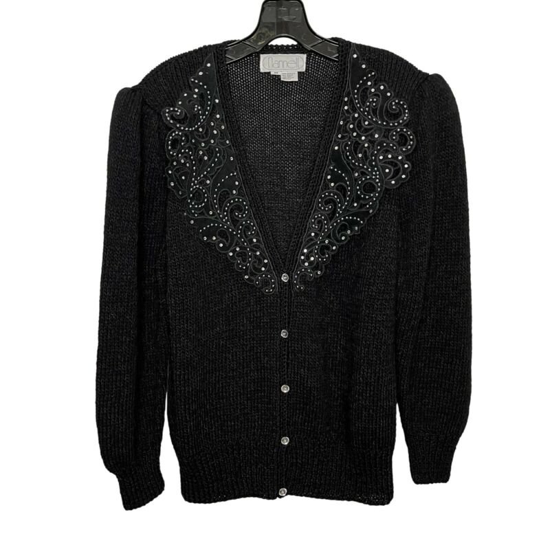 Vtg Nannell Cardigan Knit Sweater Sz Medium, Acrylic Blend, Gemstones, Black