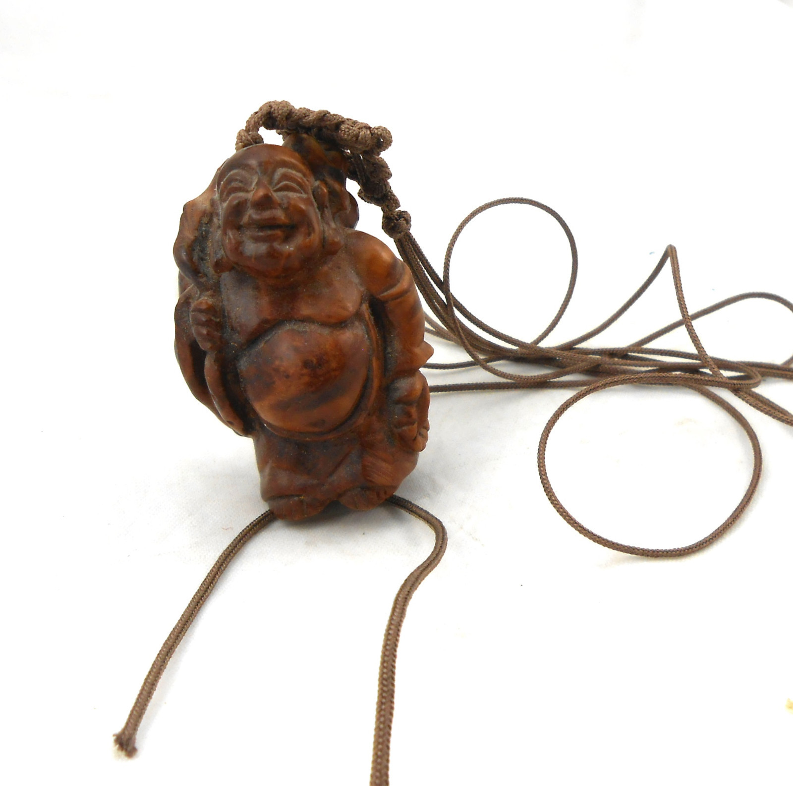 Japanese Netsuke Pendant Carved Boxwood Burlwood BUDDHA Necklace