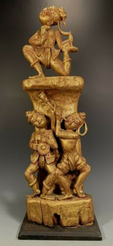 Burma Burmese Gilt Lacquered Wood Sculpture of dancing Deities ca. 19-20th c.