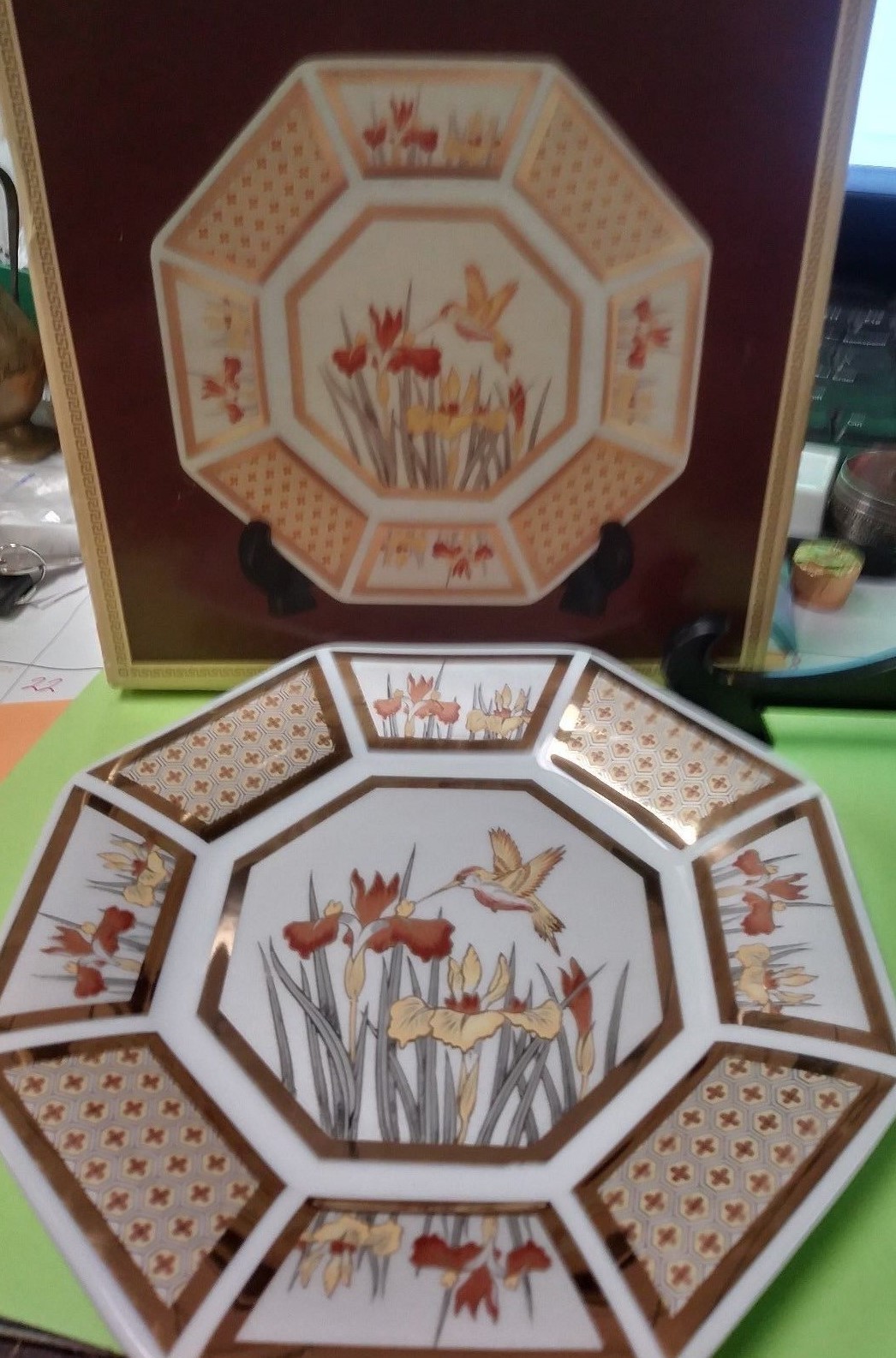 GOLDEN BROCADE HUMMINGBIRD CHINA OCTAGON PLATE