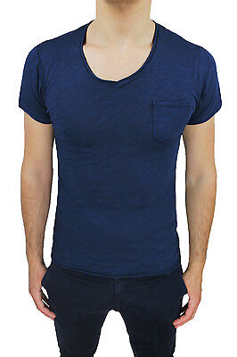 T-SHIRT MAGLIA UOMO DIAMOND SCOLLO A V BLU SCURO CASUAL POLO SLIM FIT TASCHINO