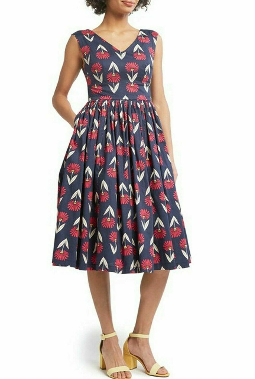 Modcloth Fabulous Fit \u0026 Flare V Neck Cotton Dress Navy Pink Flowers Size 0  (B232 | eBay