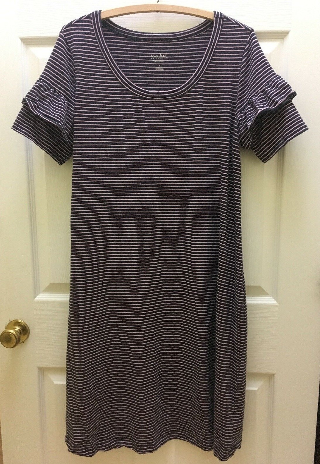 Isabel Maternity Dress MEDIUM Navy Pink Striped Ruffle Sleeve Scoop Neck T-Shirt
