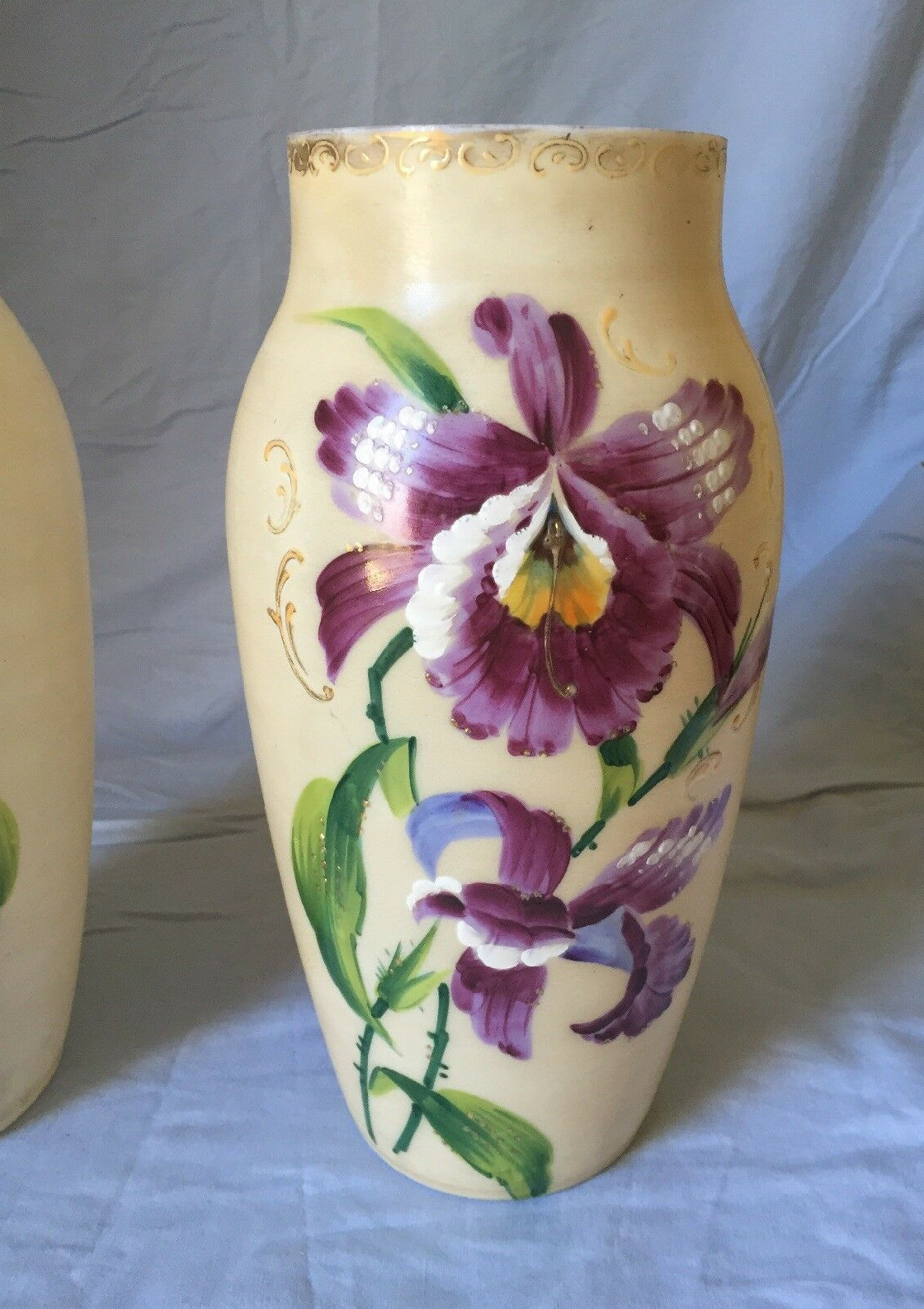 Antique Pair of Enamel Decorated Handpainted Bristol Vases 11 1/4