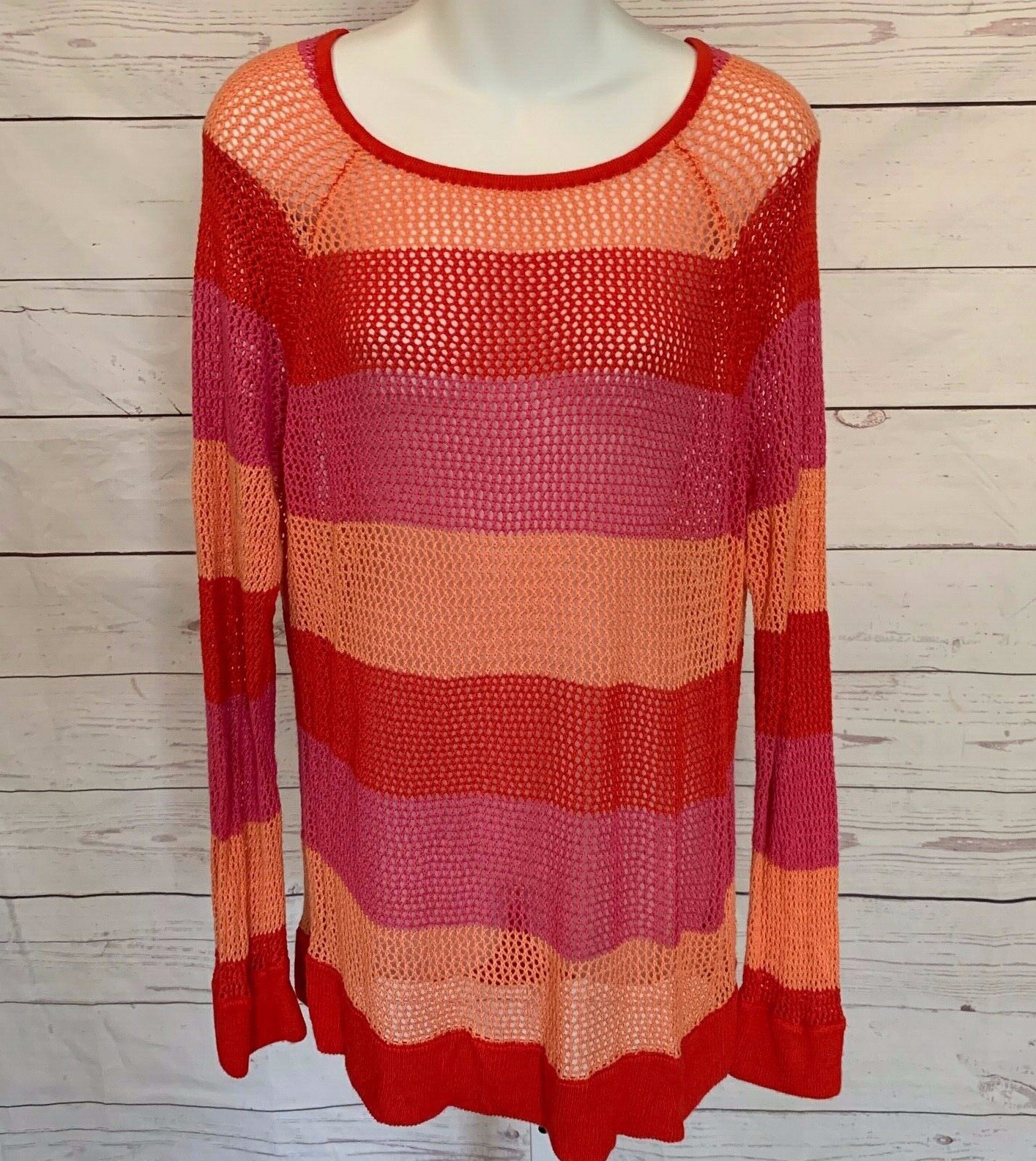 525 America Open Knit Top Size XL Orange Red Pink Stripe