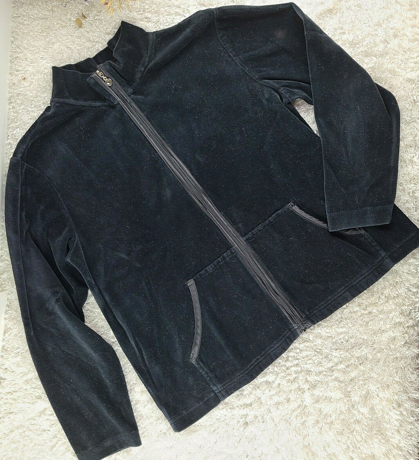 Erika black velour track jacket SIZE S no hood satin trim (B Erika black velour track jacket SIZE S no hood satin trim (B