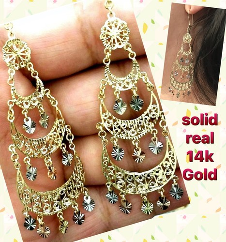 Pre-owned Handmade Gold Earring Chandelier 14k Heart Gypsy Filigree Solid Long Drop Hang 3.25" In Multicolor
