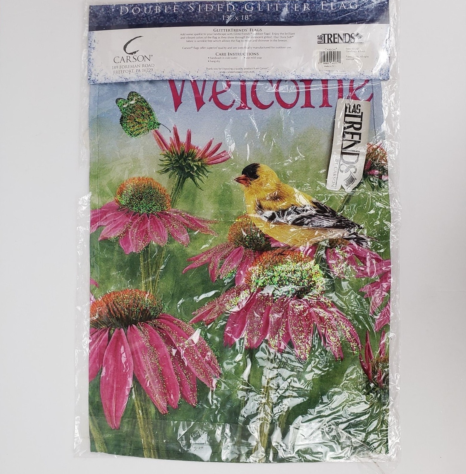 Carson Flag Trends Double Sided Coneflower & Finch Welcome Glitter Flag 13