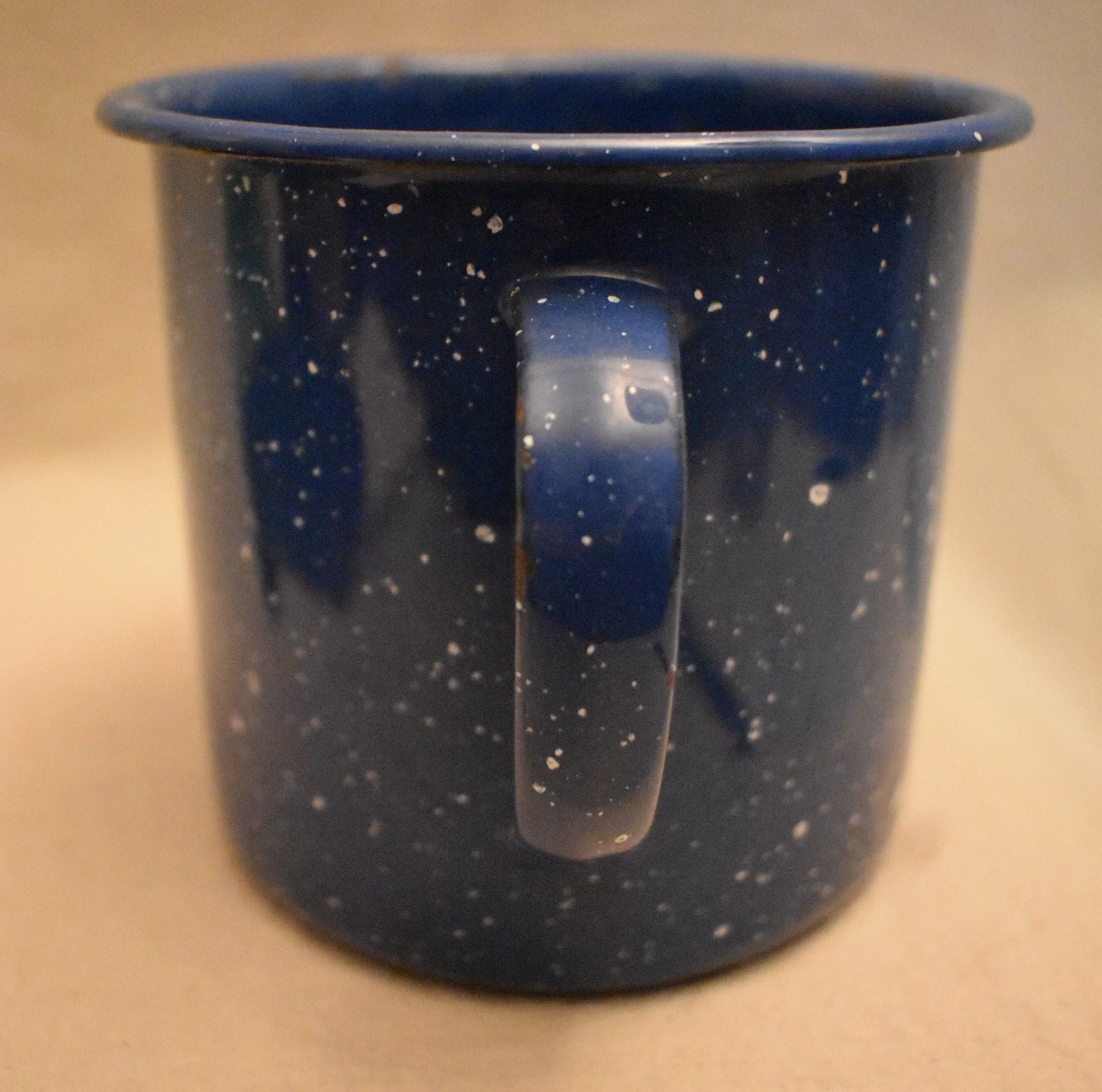 Blue Enamelware Plate and Coffee Cup white specks plate 8 5/8 in cup 3 7/8 tall