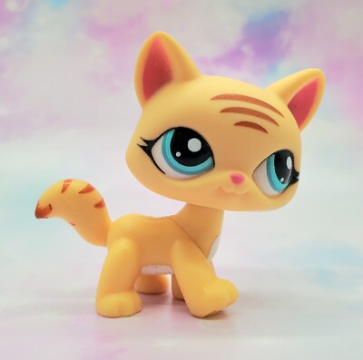 Littlest Pet Shop Authentic # 1572 Yellow Orange Striped Cat Stiff Neck Blue Eye