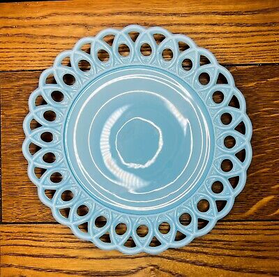 Challinor Taylor Blue Milk Glass Scroll & Eye 8'' Lace Edge Antique Plate
