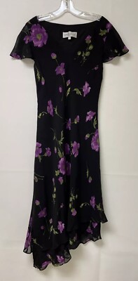 Vtg Donna Ricco Maxi Dress 8 Sheer Black Floral V Neck Asymmetric Hem