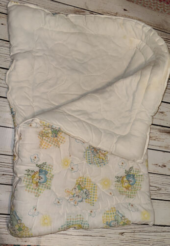 Vintage Baby Blanket Zip A Quilt Sleeping Bag White Yellow Blue Bear Bunny Cat