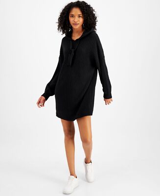 Sugar Moon Juniors  Rib-Knit Hoodie Sweater Dress, Black/S
