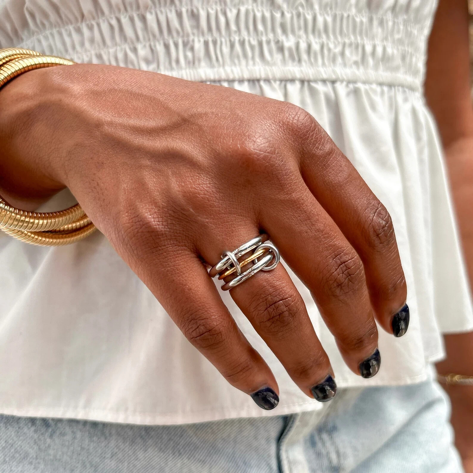 925 Sterling Silver Two-Tone Multi-Link Connected Ring