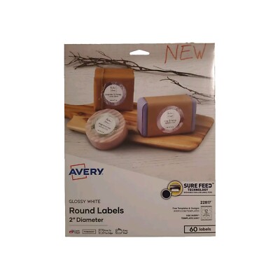 AVERY Round Labels 60 Ct. Print to Edge 2in Glossy White Brand New Free Shipping