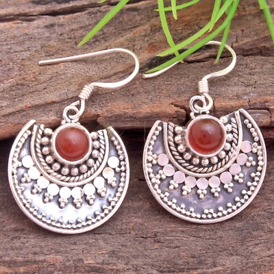 Handmade 925 Sterling Silver Earrings - Genuine Carnelian Gemstone Jewelry