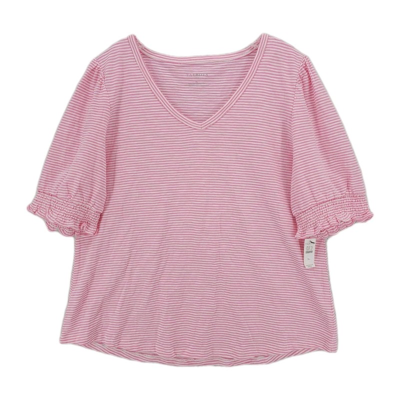 NWT TALBOTS Factory Pink Striped Tee Smocked Ruffled Cuffs 100% Cotton Size XL