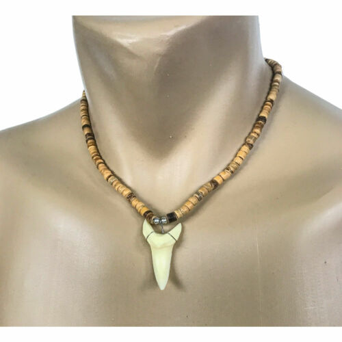 Hawaiian Jewelry Large Resin Shark Tooth Tan Coconut Bead Necklace from Hawaii