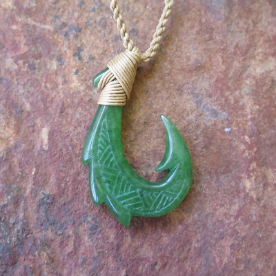 Hawaiian Natural Jade Fish Hook Necklace Hand Carved Jade Hook Adjustable Choker