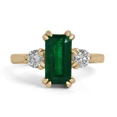 2.78tcw Natural Emerald-Emerald Cut & Brilliant Round Diamond 3 Stone Ring 18K