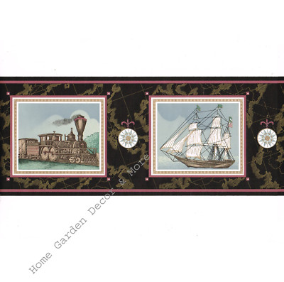 Vintage Antique Train Ship Planes Map Airplane Biplane Frames Wallpaper Border