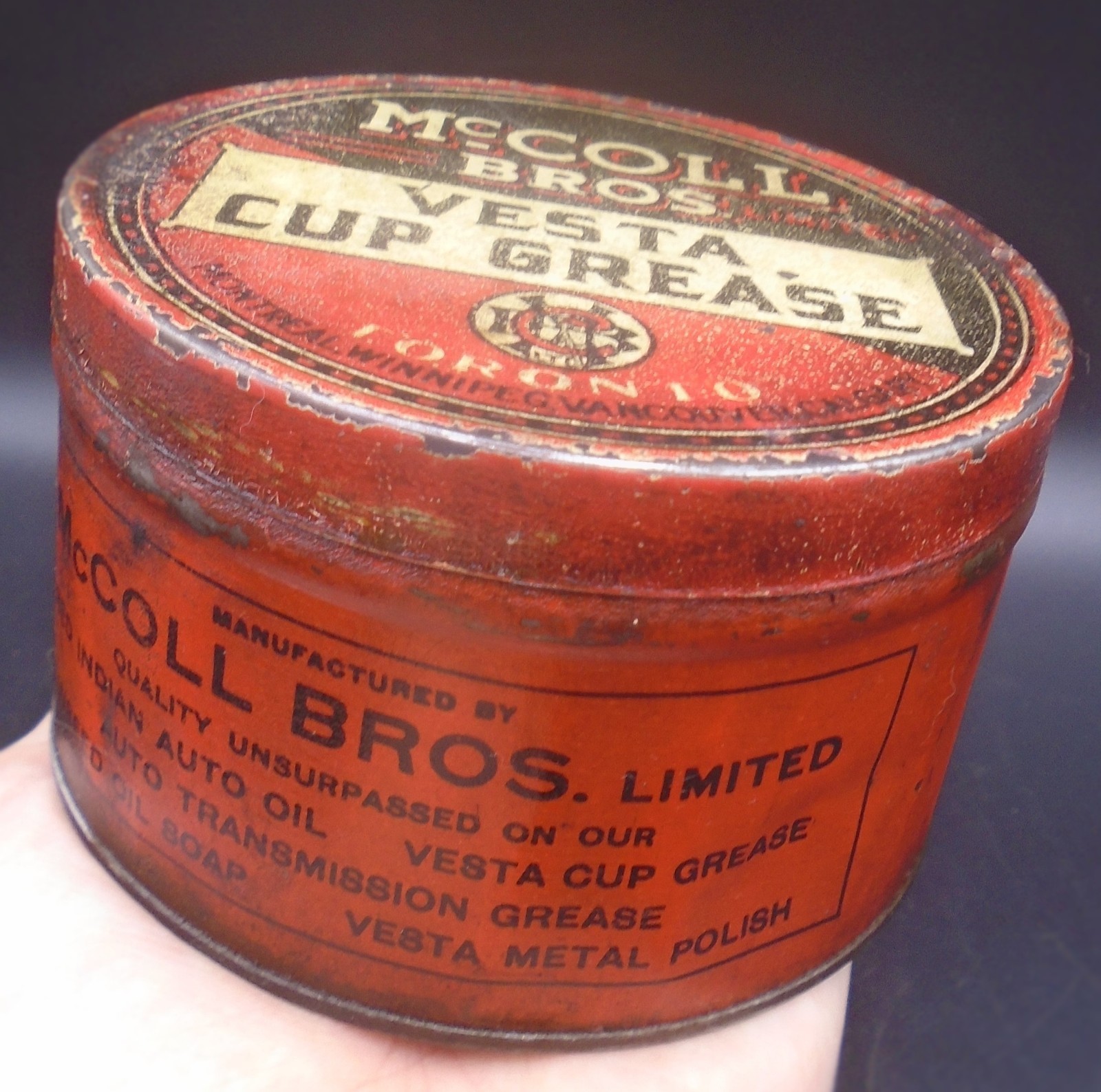 ULTRA RARE 1920's VINTAGE McCOLL BROS VESTA CUP GREASE CAN ***RED INDIAN OIL***