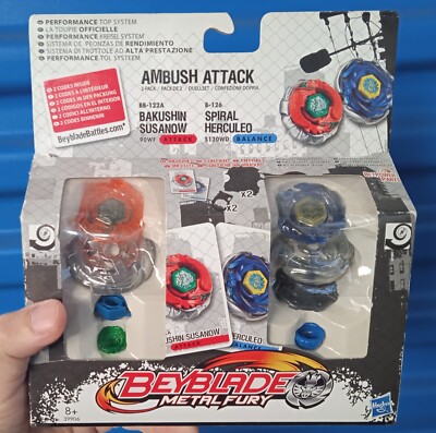 Beyblade Metal Fury 2-Pack Ambush Attack Bakushin Susanow Vs Spiral Herculeo New