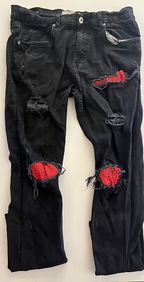 Evolution by Design Skinny Jeans Mens 38/34 Black Graffiti Distressed Patches