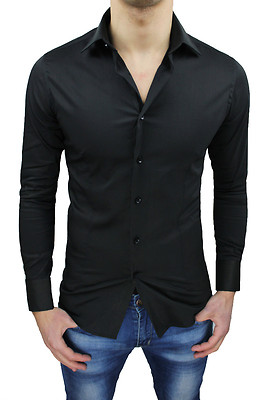 CAMICIA UOMO SLIM FIT NERA CASUAL ADERENTE TOP QUALITY NUOVA  tg XS S M L XL XXL
