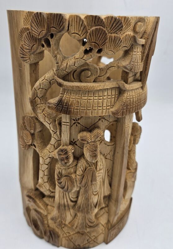 Antique Carved Wooden Paint Brush Pot Bamboo Chinese Calligraphy Holder Scholars
