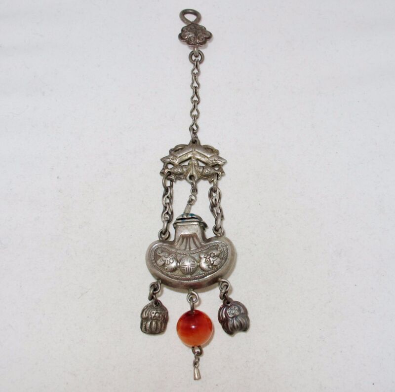 Antique ? Chinese Silver Snuff Bottle Pendant W/ Carnelian Agate Bead  (33g)