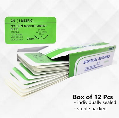 2/0 Monofilament Nylon Sterile Training Suture Thread With Needle Sewing Box12PK
