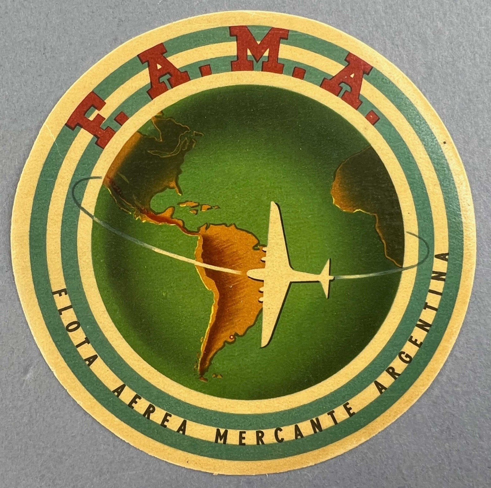 FAMA Vintage Original Airline Luggage Label Baggage Argentina Globe F.A.M.A.