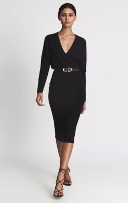 REISS Jenna Wool Blend Ruched Sleeve Midi Dress in Black Size L