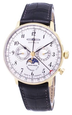 Pre-owned Zeppelin Lz 129 Hindenburg Moon Phase Leather Strap Analog 70381 30m Mens Watch