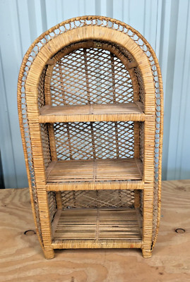Vintage Rattan 3 Tier Peacock Bookcase Shelf Arched Stand Compact Sturdy