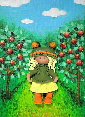 Original 3D Mixed Media Artwork/ Painting *Girl-Garden* 5 x 7 inches, signed