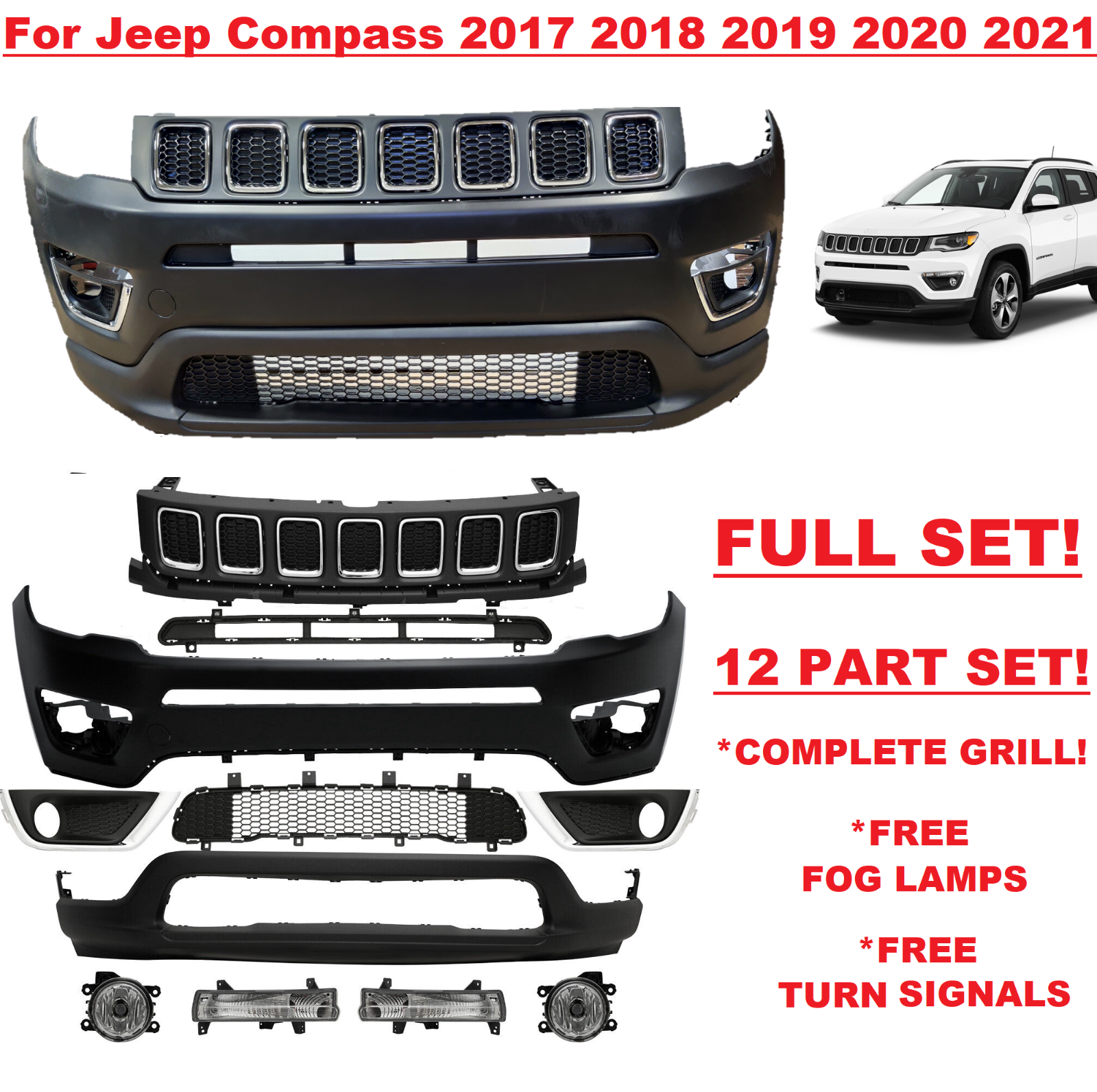 Front Bumper Set For Jeep Compass 2017 2018 2019 2020 2021 Upper Lower Grill Fog